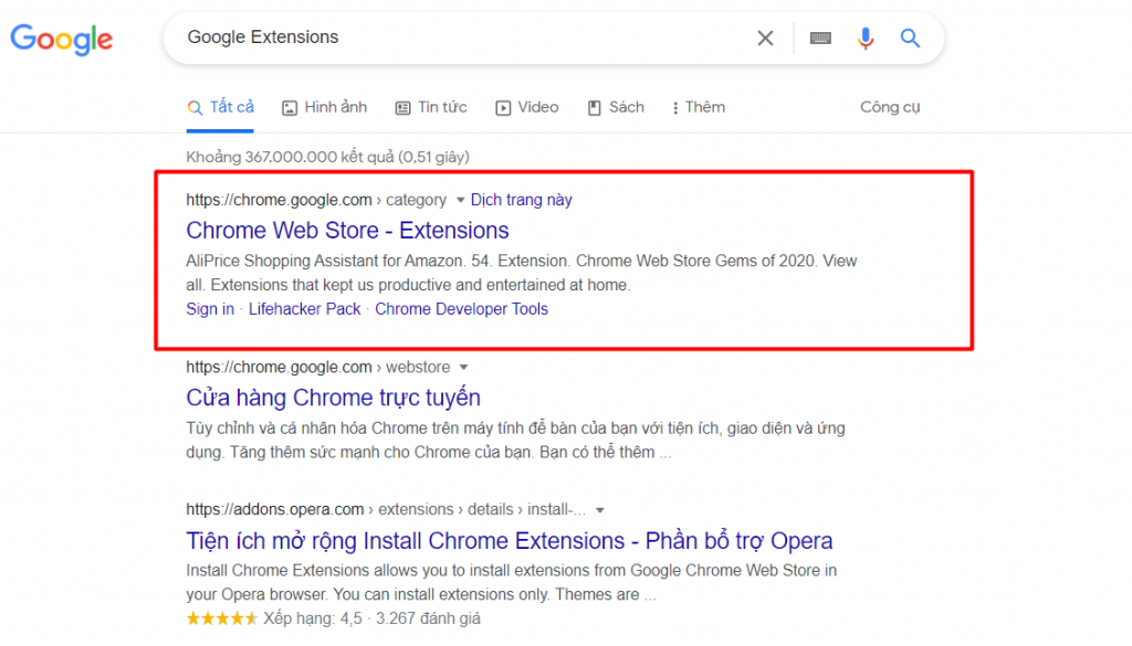 Tìm kiếm “Google Extensions bằng trình duyệt Chrome