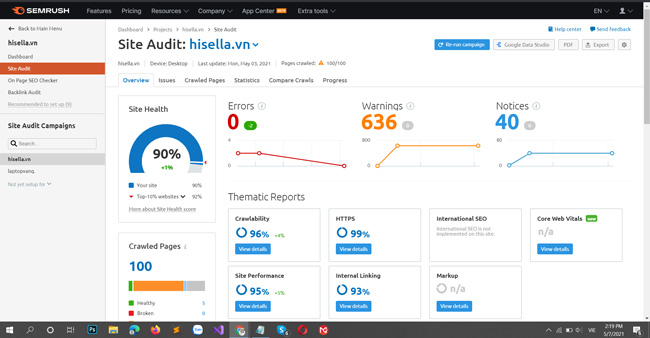 Tính năng Site Audit của SEMrush