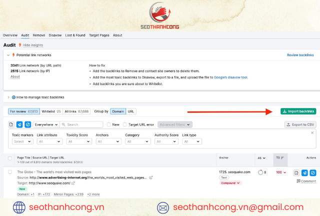 Tính năng nhập backlink hàng loạt