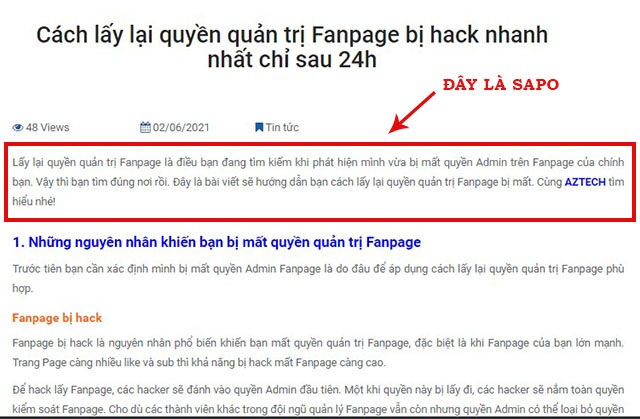 Cấu trúc của đoạn sapo hay